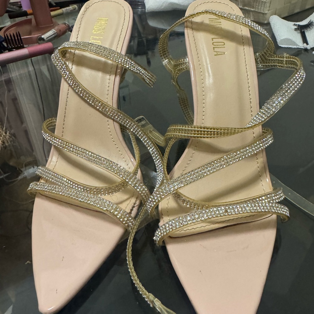 Miss Lola Cream and Gold Strappy Heels with Rhinestones